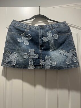 Denim Mini Skirt with Distressed Cross Appliqués - Blue